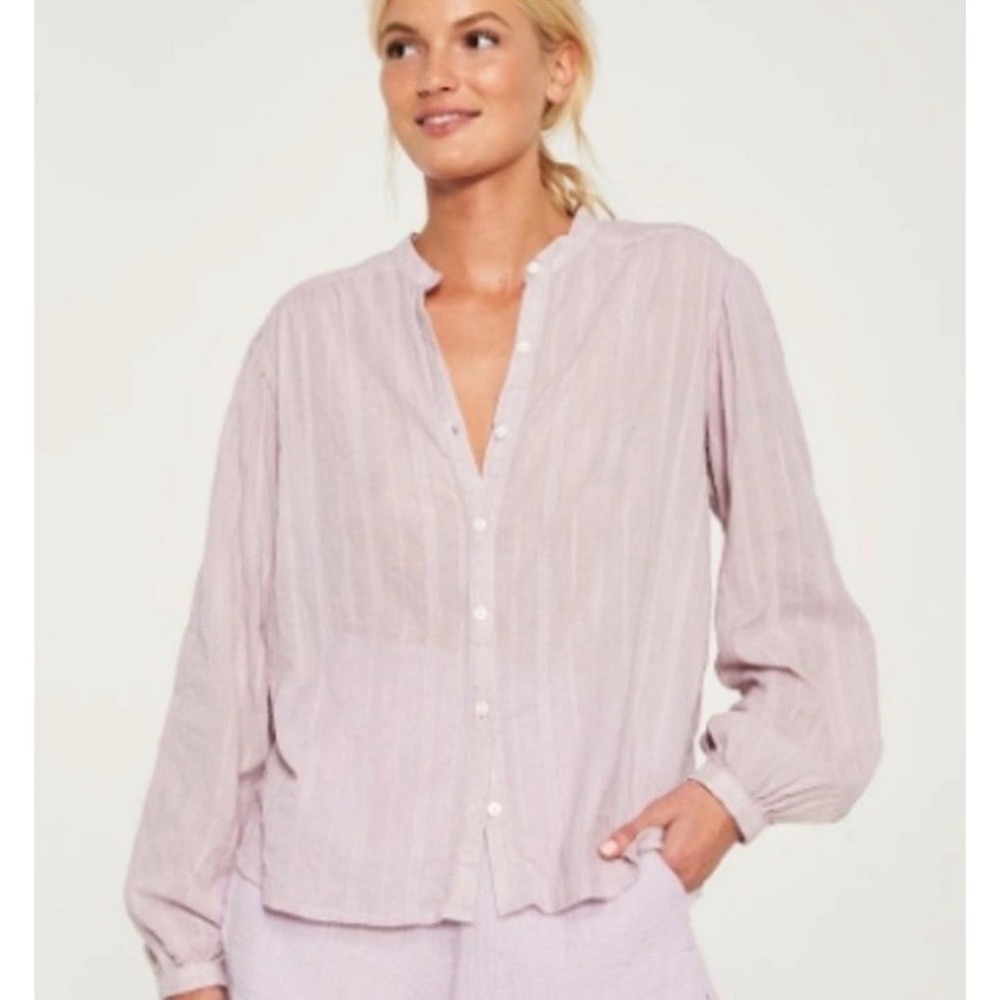 ROWIE The Label Cotton Striped Blouse Womens S White Lightweight Puff Sleeve